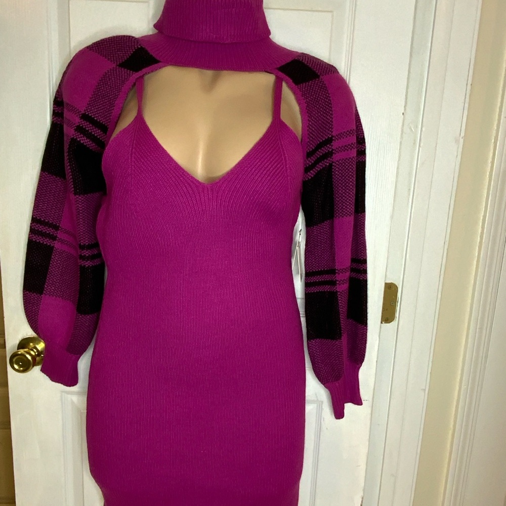 Women's Magenta Plaid Sweater Dress